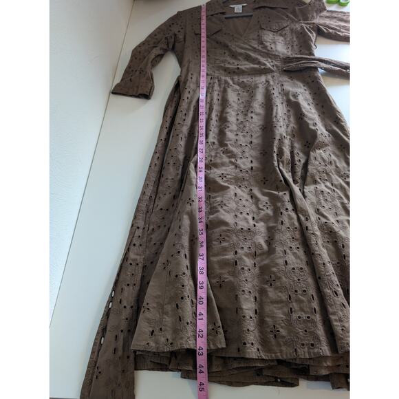 CAbi Midi Dress Floral Eyelet Faux Wrap Shirt Retro Rockabilly Brown Size 8 - Picture 11 of 11